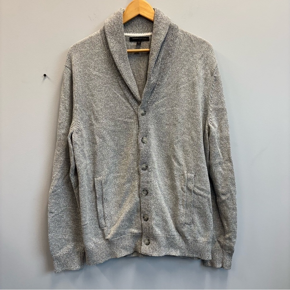 Banana Republic Men's Large Cardigan Sweater Shawl Collar Button‎ Front Gray